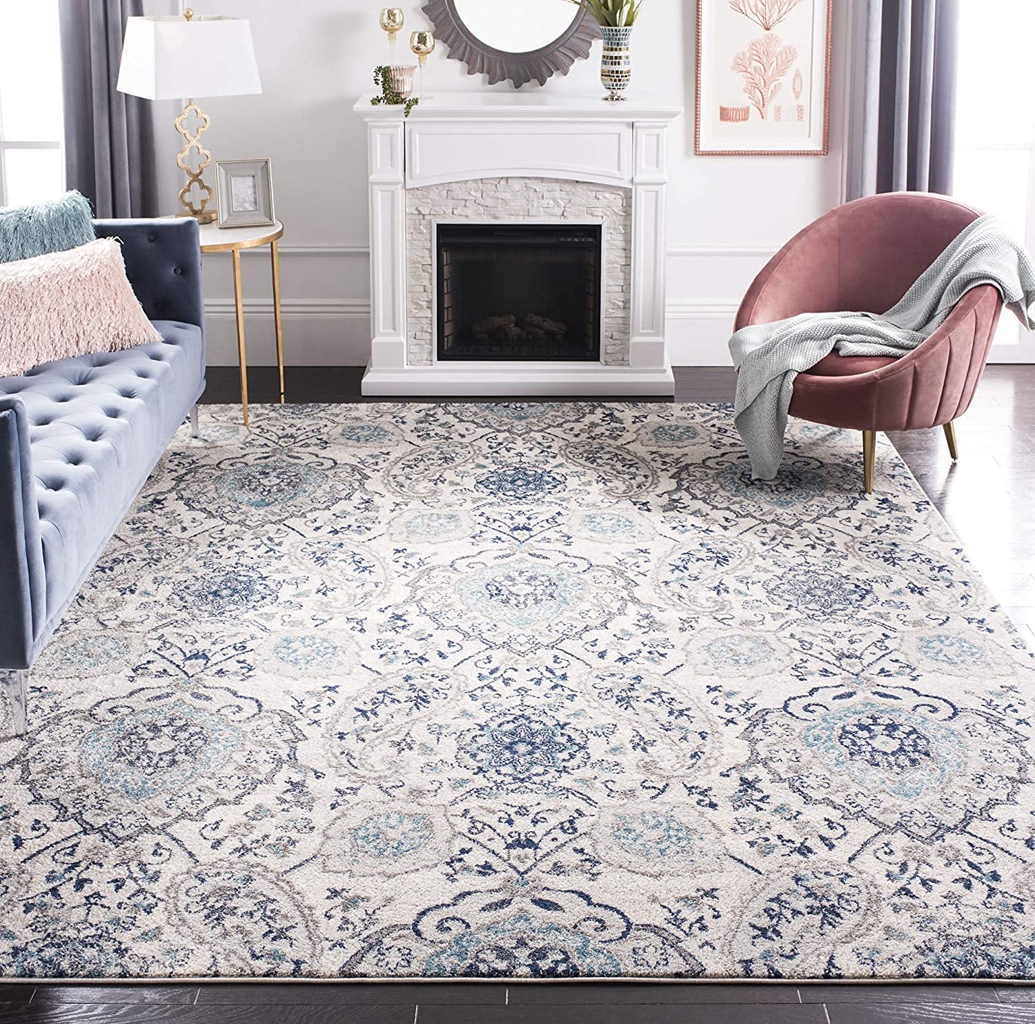 SAFAVIEH Madison Collection Area Rug - 9' x 12', Cream & Light Grey, Boho Chic Glam Paisley Design, Non-Shedding & Easy Care, Id